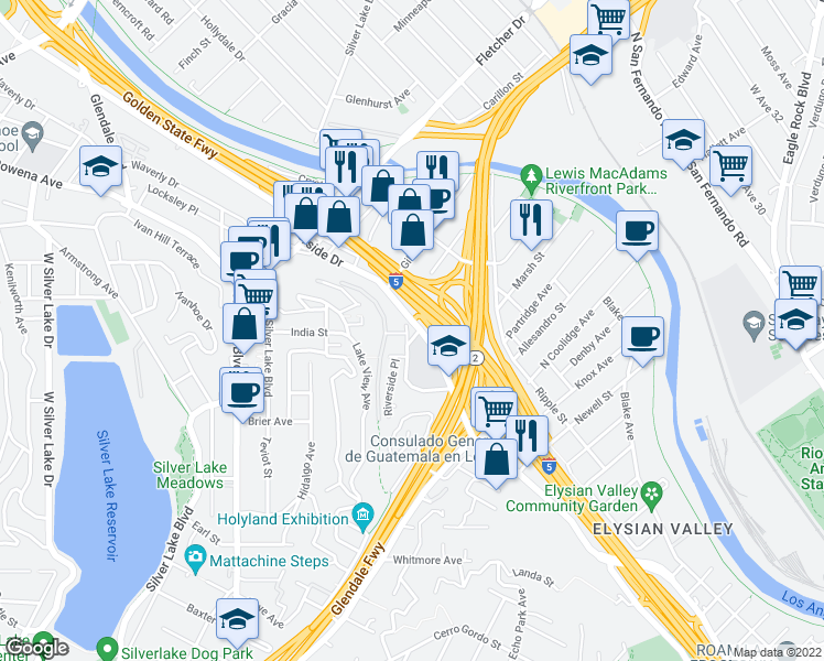 map of restaurants, bars, coffee shops, grocery stores, and more near 2254 Riverside Drive in Los Angeles