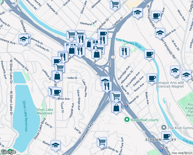 map of restaurants, bars, coffee shops, grocery stores, and more near 2254 Riverside Drive in Los Angeles