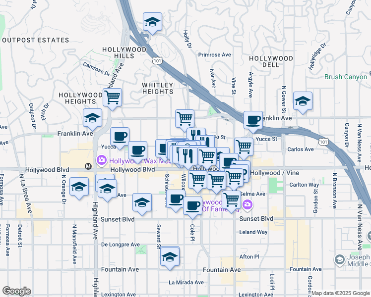 map of restaurants, bars, coffee shops, grocery stores, and more near 1750 Wilcox Avenue in Los Angeles