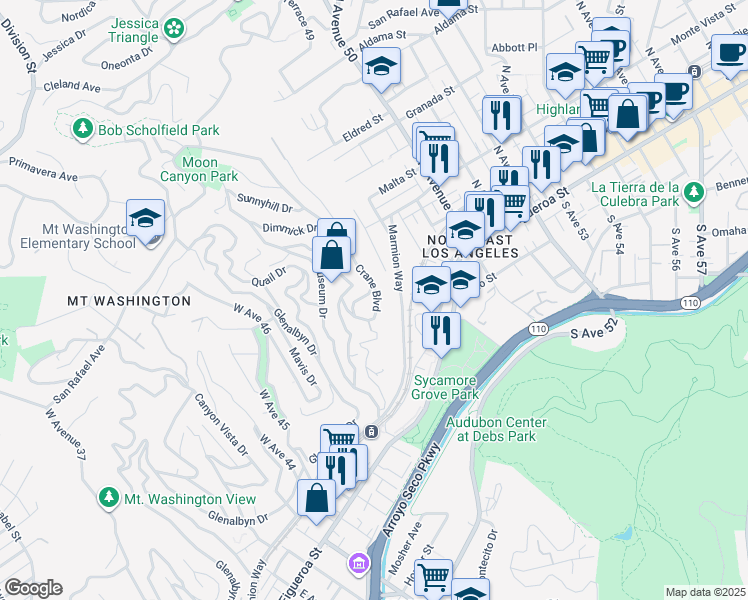 map of restaurants, bars, coffee shops, grocery stores, and more near 479 Crane Boulevard in Los Angeles