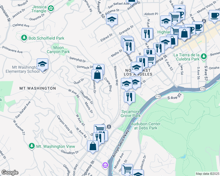 map of restaurants, bars, coffee shops, grocery stores, and more near 479 Crane Boulevard in Los Angeles