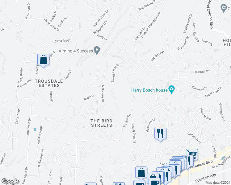 map of restaurants, bars, coffee shops, grocery stores, and more near 1634 Blue Jay Way in Los Angeles