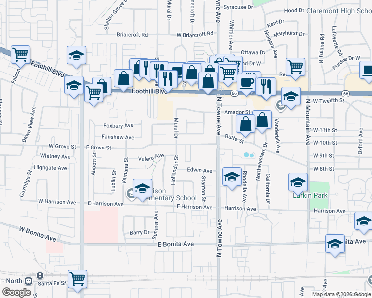 map of restaurants, bars, coffee shops, grocery stores, and more near 522 East Grove Street in Pomona