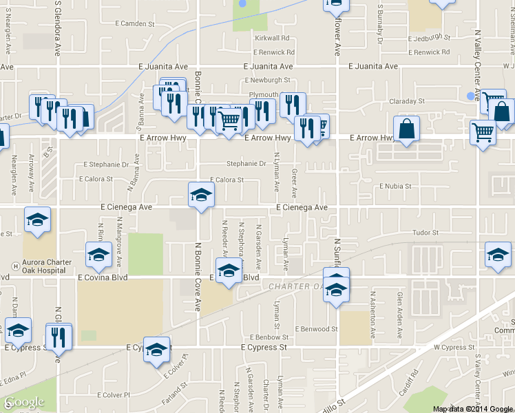 map of restaurants, bars, coffee shops, grocery stores, and more near 1250 North Stephora Avenue in Covina