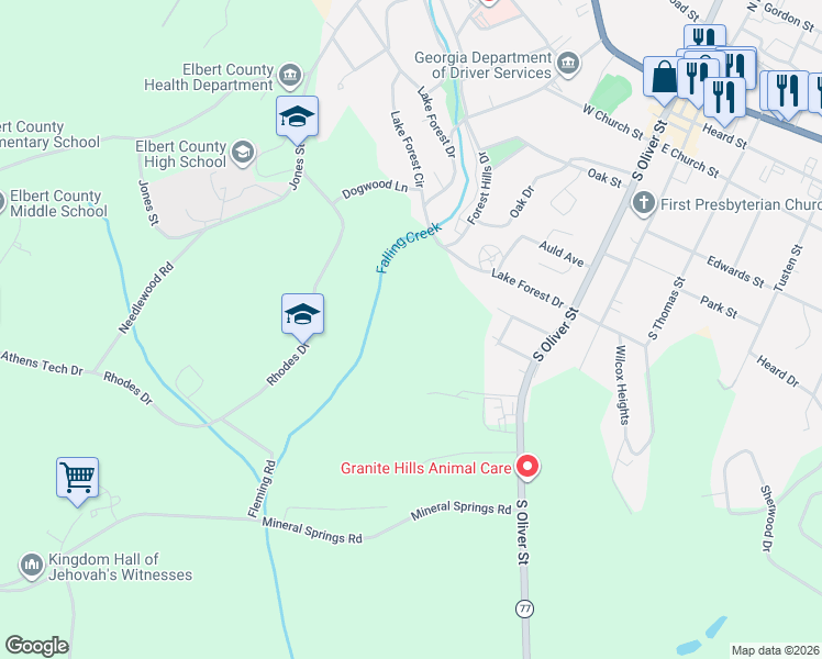 map of restaurants, bars, coffee shops, grocery stores, and more near 144 Lake Forest Dr in Elberton