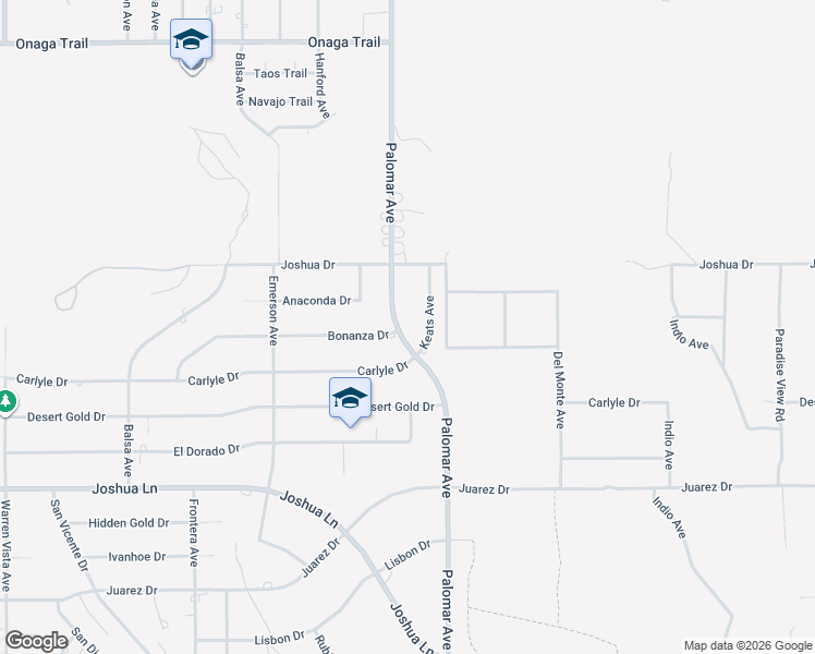 map of restaurants, bars, coffee shops, grocery stores, and more near 8215 Palomar Avenue in Yucca Valley