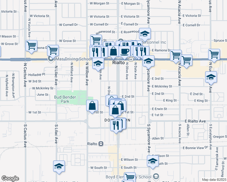 map of restaurants, bars, coffee shops, grocery stores, and more near 210 North Riverside Avenue in Rialto
