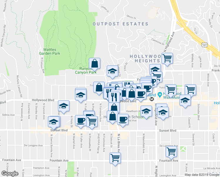 map of restaurants, bars, coffee shops, grocery stores, and more near 1754 North La Brea Avenue in Los Angeles