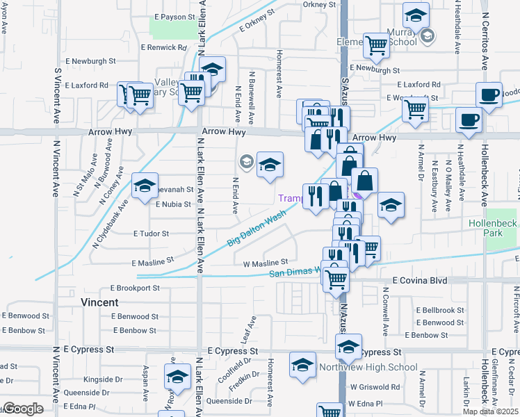 map of restaurants, bars, coffee shops, grocery stores, and more near 17141 East Tudor Street in Covina