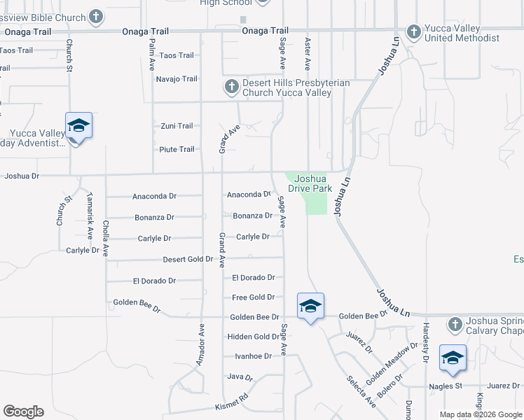 map of restaurants, bars, coffee shops, grocery stores, and more near 56838 Bonanza Drive in Yucca Valley