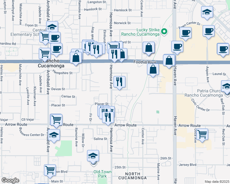 map of restaurants, bars, coffee shops, grocery stores, and more near 8315 Spring Desert Place in Rancho Cucamonga