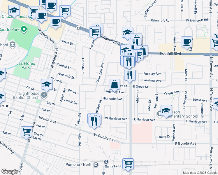 map of restaurants, bars, coffee shops, grocery stores, and more near 270 West Grove Street in Pomona