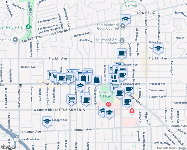 map of restaurants, bars, coffee shops, grocery stores, and more near 1724 North Edgemont Street in Los Angeles