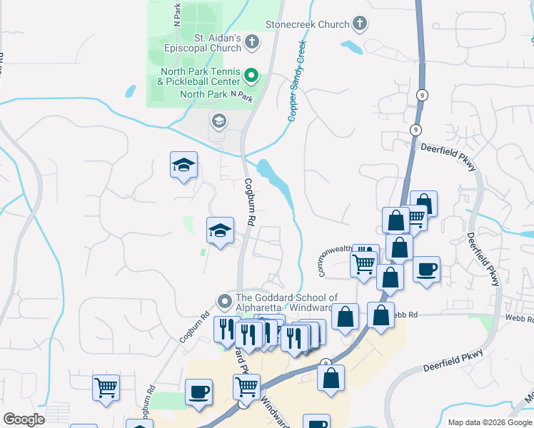 map of restaurants, bars, coffee shops, grocery stores, and more near 13275 Cogburn Road in Alpharetta