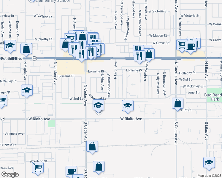 map of restaurants, bars, coffee shops, grocery stores, and more near 221 North Driftwood Avenue in Rialto