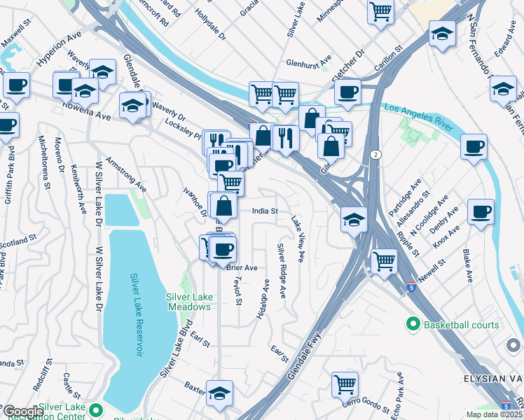 map of restaurants, bars, coffee shops, grocery stores, and more near 2239 Electric Street in Los Angeles
