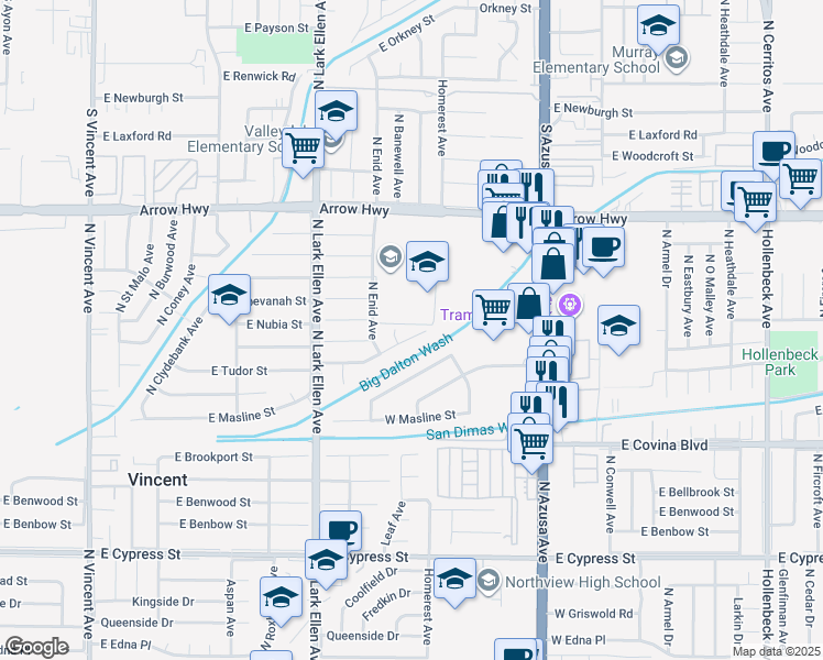map of restaurants, bars, coffee shops, grocery stores, and more near 17141 East Tudor Street in Covina