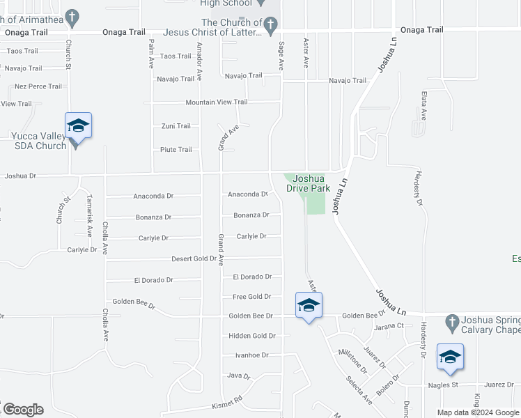 map of restaurants, bars, coffee shops, grocery stores, and more near 56838 Bonanza Drive in Yucca Valley