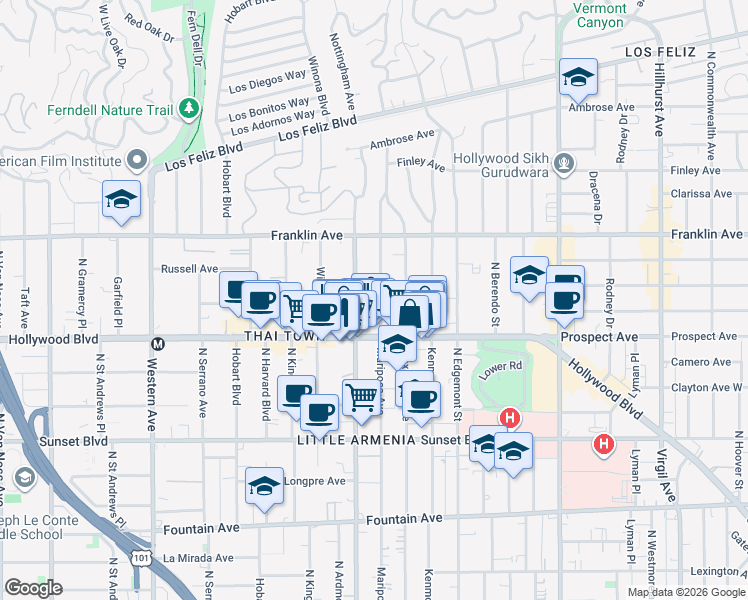 map of restaurants, bars, coffee shops, grocery stores, and more near in Los Angeles