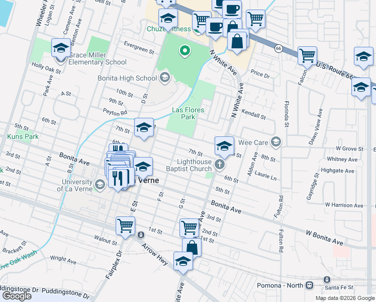 map of restaurants, bars, coffee shops, grocery stores, and more near 2637 G Street in La Verne