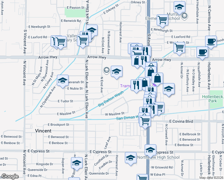 map of restaurants, bars, coffee shops, grocery stores, and more near 17141 East Tudor Street in Covina