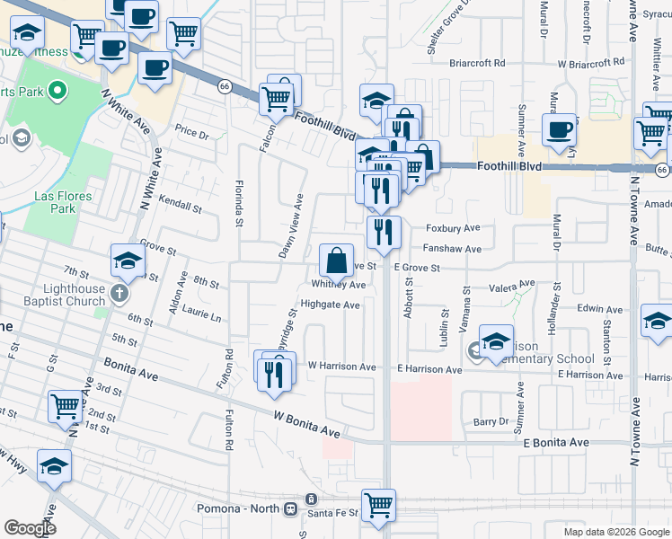 map of restaurants, bars, coffee shops, grocery stores, and more near 222 West Grove Street in Pomona
