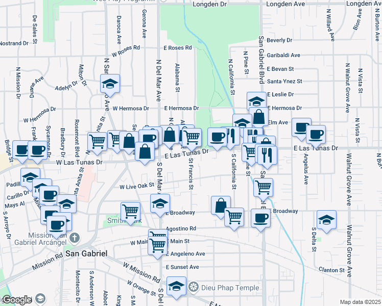 map of restaurants, bars, coffee shops, grocery stores, and more near East Las Tunas Drive & Saint Francis Street in San Gabriel