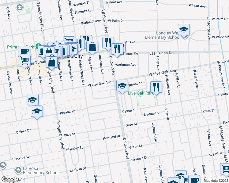 map of restaurants, bars, coffee shops, grocery stores, and more near 9978 Duffy Street in Temple City