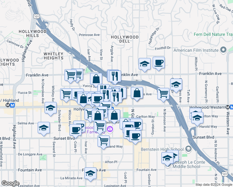 map of restaurants, bars, coffee shops, grocery stores, and more near 1750 Argyle Avenue in Los Angeles
