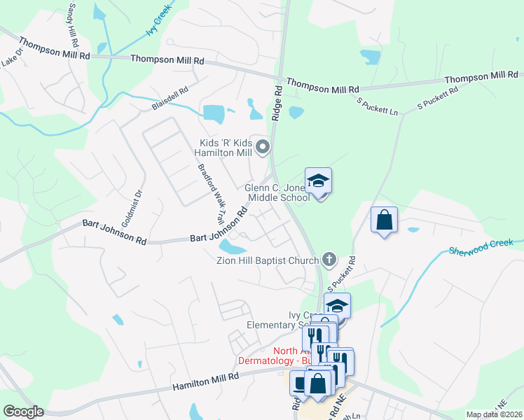 map of restaurants, bars, coffee shops, grocery stores, and more near 3179 Telhurst Way in Buford