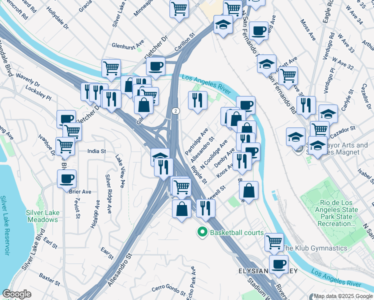 map of restaurants, bars, coffee shops, grocery stores, and more near 2751 Partridge Avenue in Los Angeles