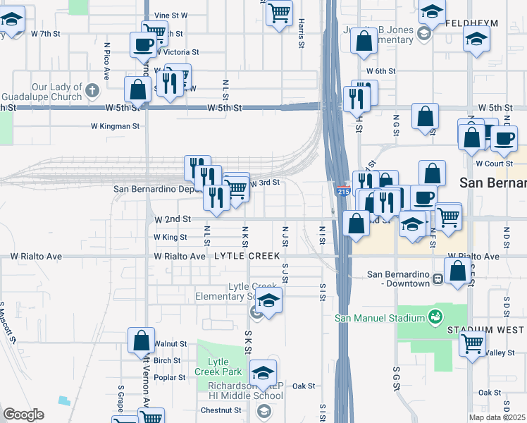 map of restaurants, bars, coffee shops, grocery stores, and more near 218 Kendall Avenue in San Bernardino