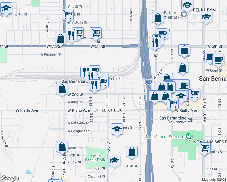 map of restaurants, bars, coffee shops, grocery stores, and more near 218 Kendall Avenue in San Bernardino
