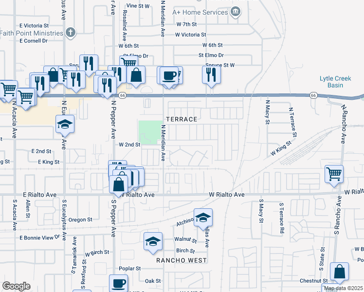map of restaurants, bars, coffee shops, grocery stores, and more near 2633 West 2nd Street in San Bernardino