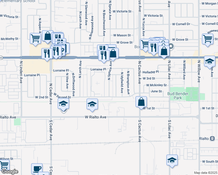 map of restaurants, bars, coffee shops, grocery stores, and more near 212 North Spruce Avenue in Rialto