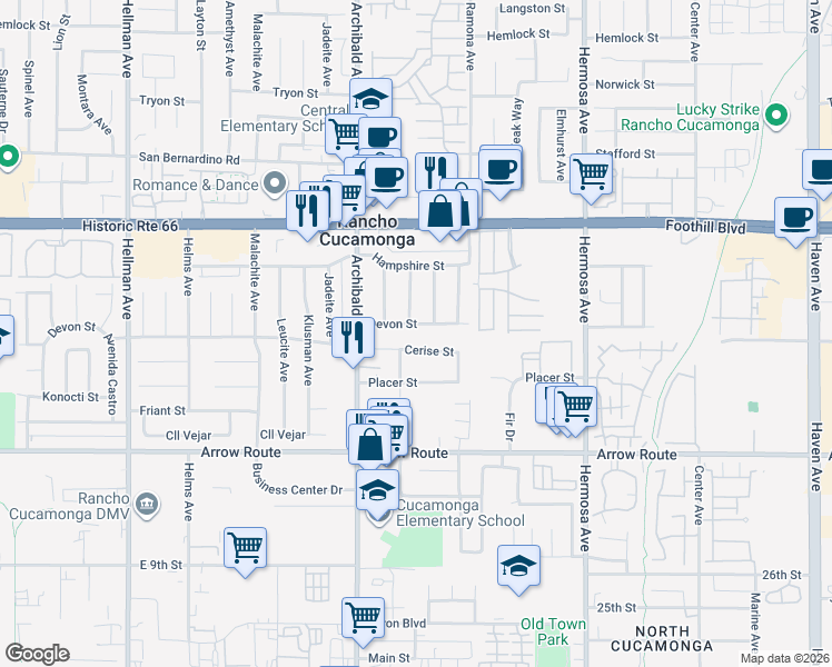 map of restaurants, bars, coffee shops, grocery stores, and more near 9803 Cerise Street in Rancho Cucamonga