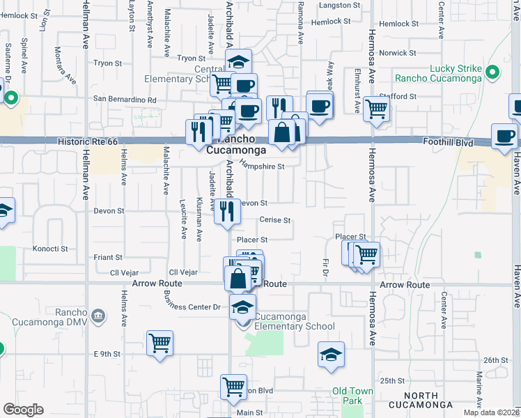 map of restaurants, bars, coffee shops, grocery stores, and more near 9803 Cerise Street in Rancho Cucamonga