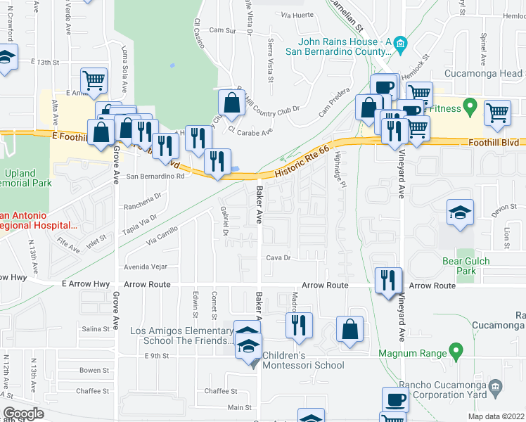 map of restaurants, bars, coffee shops, grocery stores, and more near 8378 Baker Avenue in Rancho Cucamonga