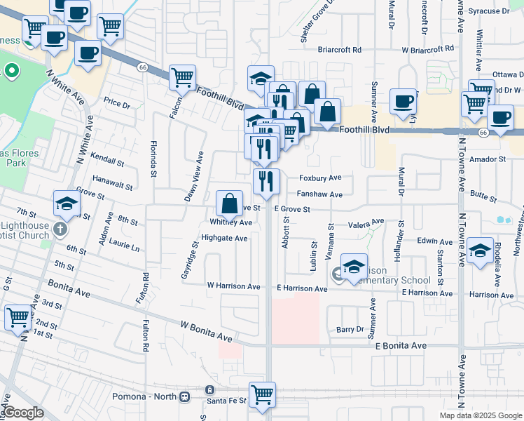 map of restaurants, bars, coffee shops, grocery stores, and more near in Pomona