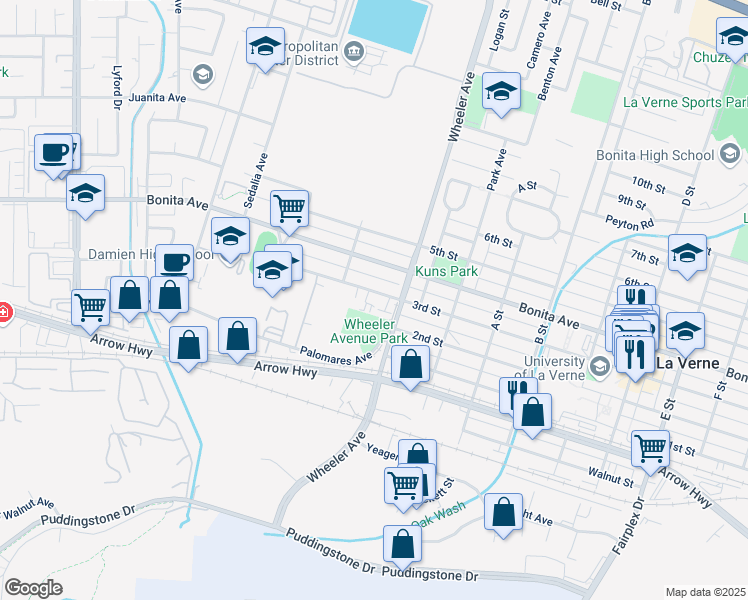 map of restaurants, bars, coffee shops, grocery stores, and more near 1468 3rd Street in La Verne
