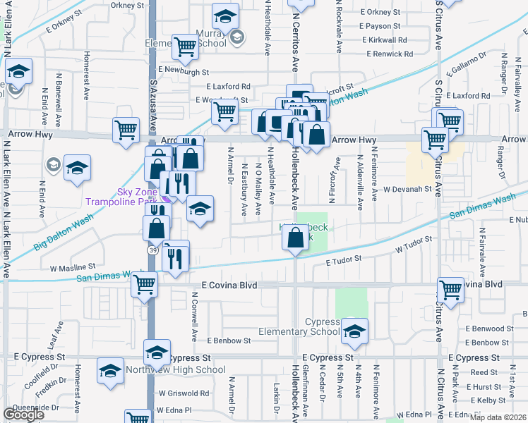 map of restaurants, bars, coffee shops, grocery stores, and more near 610 West Groverdale Street in Covina