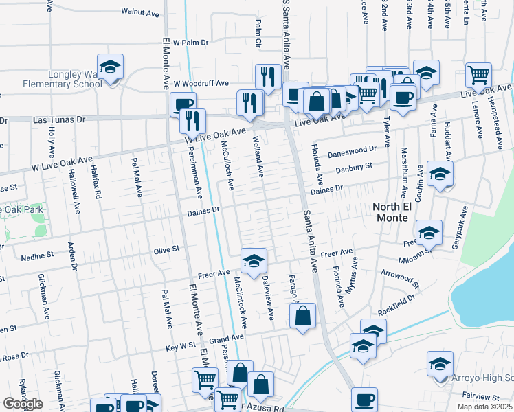map of restaurants, bars, coffee shops, grocery stores, and more near 5427 Welland Avenue in Temple City