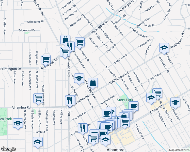 map of restaurants, bars, coffee shops, grocery stores, and more near 721 North Stoneman Avenue in Alhambra