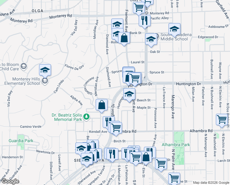 map of restaurants, bars, coffee shops, grocery stores, and more near 1228 Huntington Drive in South Pasadena