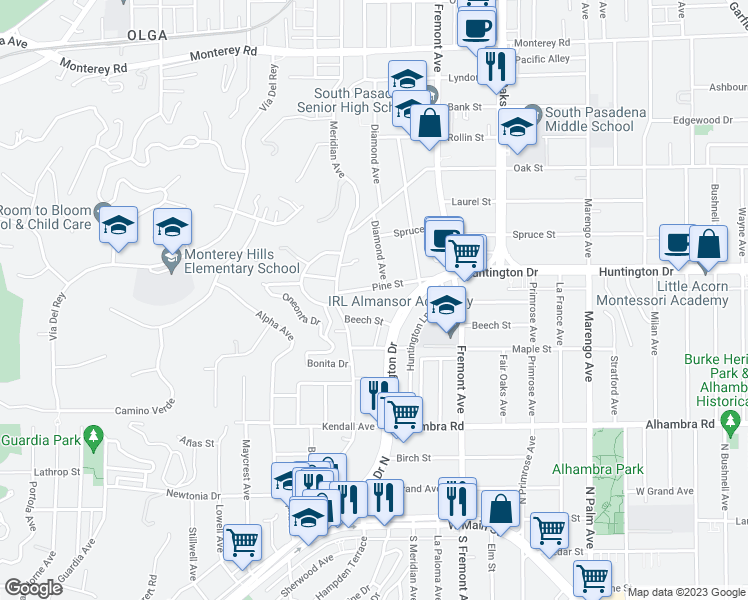 map of restaurants, bars, coffee shops, grocery stores, and more near 1112 Beech Street in South Pasadena
