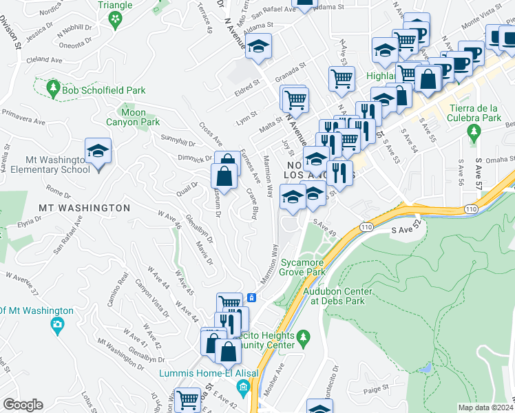 map of restaurants, bars, coffee shops, grocery stores, and more near 466 Crane Boulevard in Los Angeles