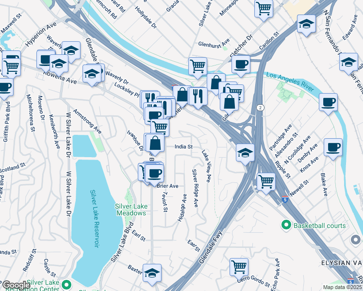 map of restaurants, bars, coffee shops, grocery stores, and more near 2239 Electric Street in Los Angeles