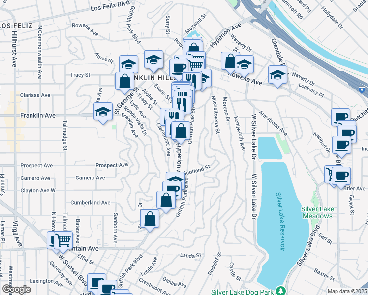 map of restaurants, bars, coffee shops, grocery stores, and more near 2340 Griffith Park Boulevard in Los Angeles