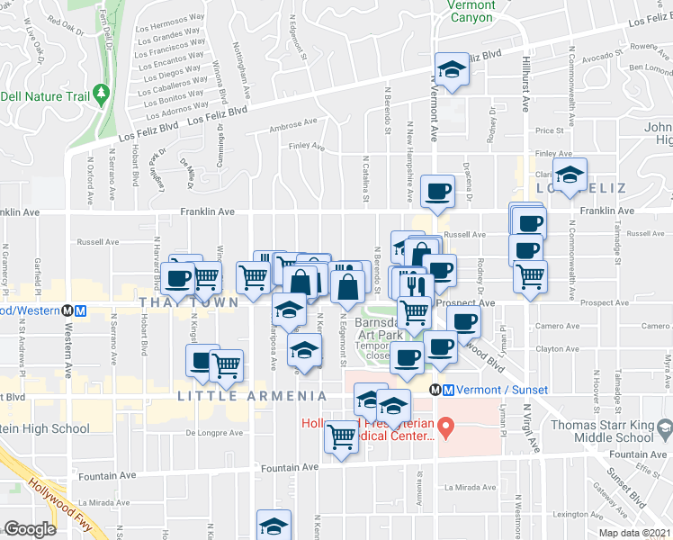 map of restaurants, bars, coffee shops, grocery stores, and more near 1724 North Edgemont Street in Los Angeles