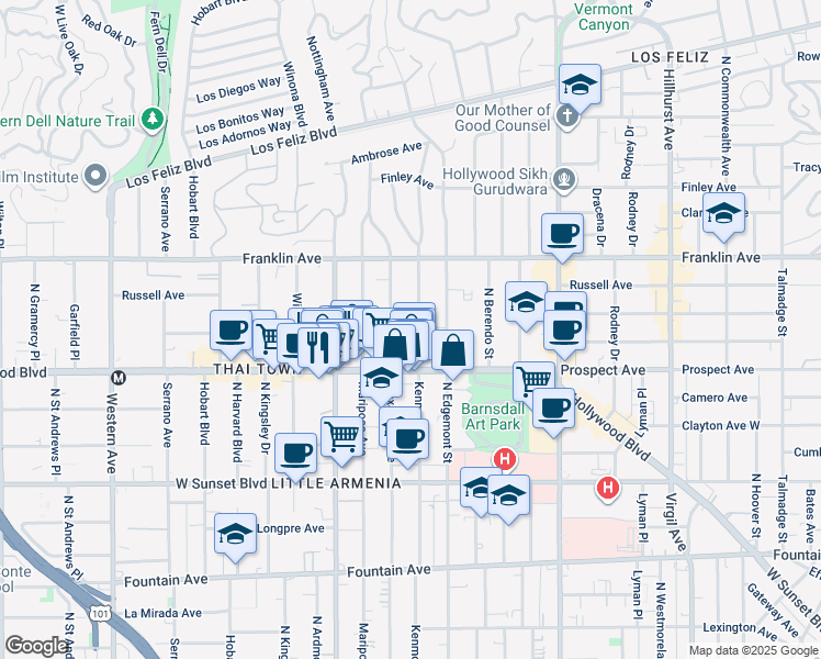 map of restaurants, bars, coffee shops, grocery stores, and more near 1723 North Kenmore Avenue in Los Angeles